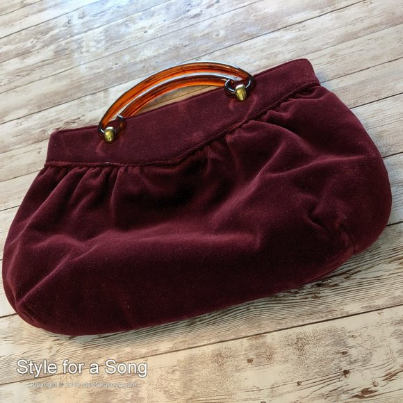 Vintage Burgundy Velvet Tortoise Handle Handbag - Picture 5 of 12